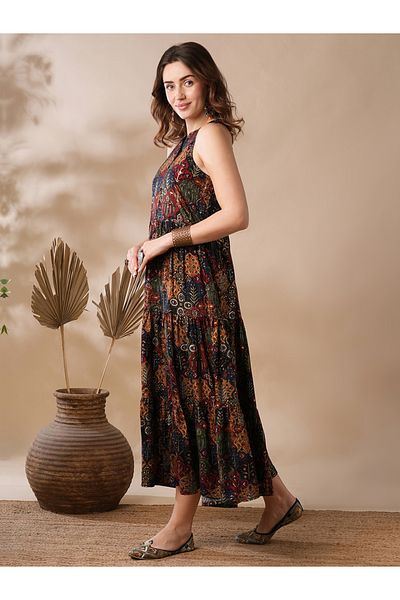 Globus By Styli Women Printed Collared Tiered Maxi Dress with Button Front