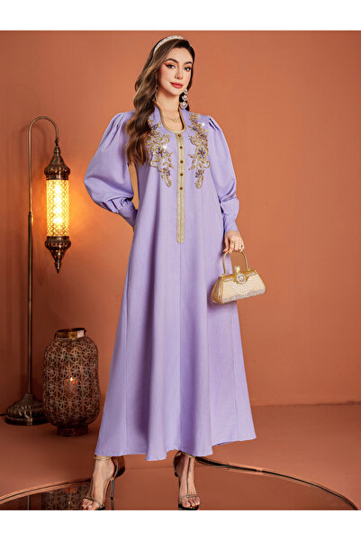 Take Two By Styli Flora Embroidered Lantern Sleeve Maxi Jalabiya Dress