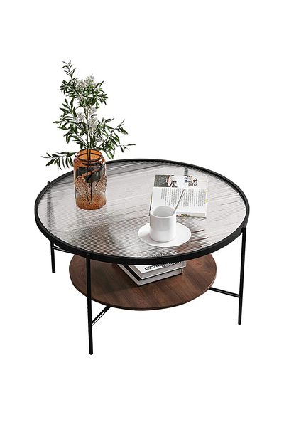 sharpdo Simple Modern Tempered Glass Round Coffee Table, Double-Layer Coffee Table 60*60*45CM