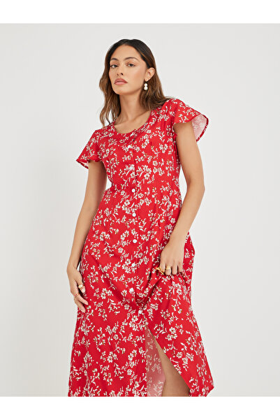 Take Two By Styli Women Red Floral Print Button Front A-Line Midi Dress