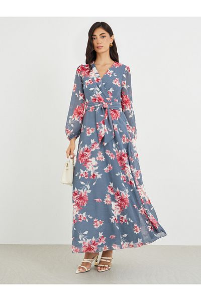 Styli Floral Print V Neck Chiffon A-Line Maxi Dress