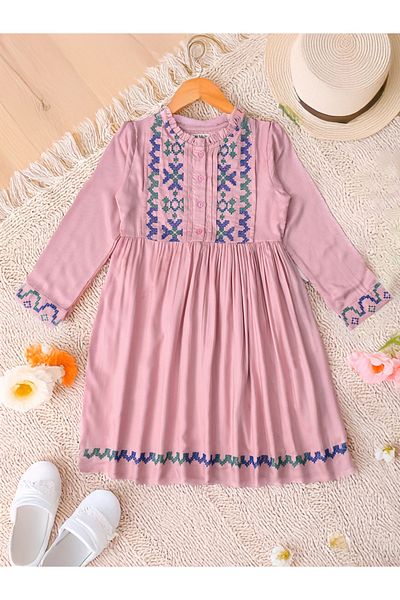 Bella Moda By Styli Embroidered 3/4 Sleeves Cotton Dress with Button Front