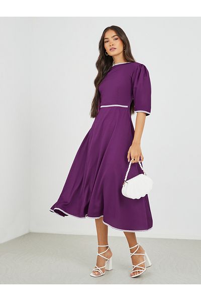 Maxim Creation By Styli Solid Boat Neck A-Line Dress with Lace Trim