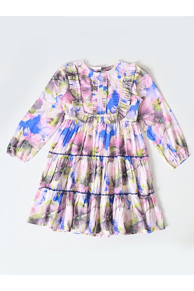 Bella Moda By Styli Floral Print Buttoned Tiered Knee-Length Dress