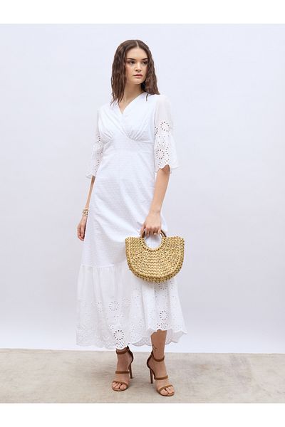 Styli Dobby V Neck A-Line Maxi Dress with Schiffli Detail