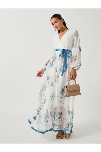 Styli Women White Floral Print V Neck A-Line Maxi Dress with Ribbon Tie Detail