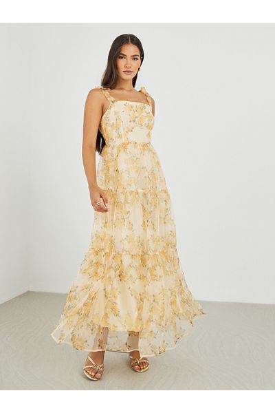 Styli Floral Print Tie-Sleeve Tiered Maxi Dress