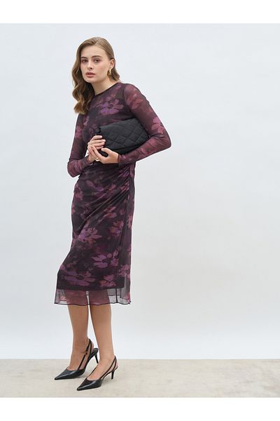 Styli All-Over Print Ruched Mesh Sheath Midi Dress
