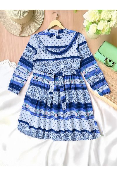 Bella Moda By Styli All-Over Print Mandarin Collar Cotton Dress with Ruffle Trim