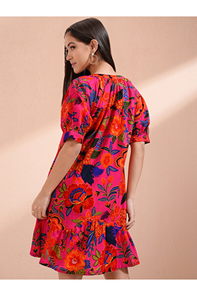 Vishudh By Styli Women Floral Print Puff Sleeves Cotton A-Line Mini Dress