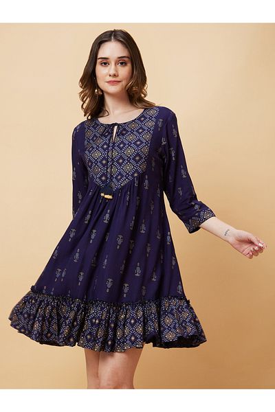 Globus By Styli Women Blue Printed Tie-Up Neck A-Line Mini Dress