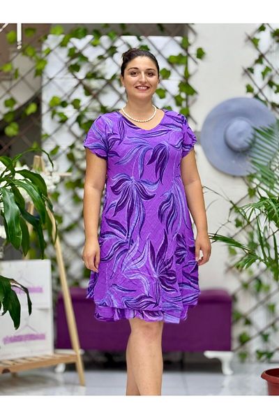 Punta Otantik Nc50122 Italian Short Sleeve Cotton Linen Dress Purple