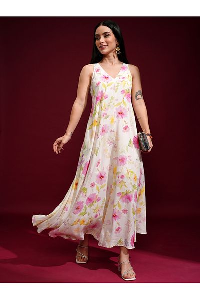 Vishudh By Styli Women Floral Print V Neck A-Line Maxi Dress