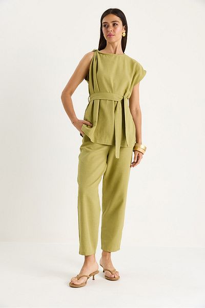 Bianco Lucci Women's Shoulder Knot Detailed Belted Linen Top-Top Set 9369 60281075