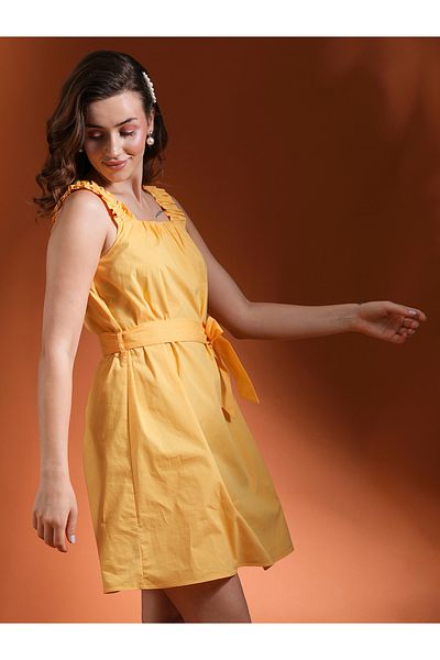Globus By Styli Women Yellow Solid Square Neck Belted Mini A-Line Dress with Ruched Detail