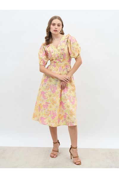 Styli All-Over Floral Print V Neck A-Line Midi Dress with Ruffle Trim