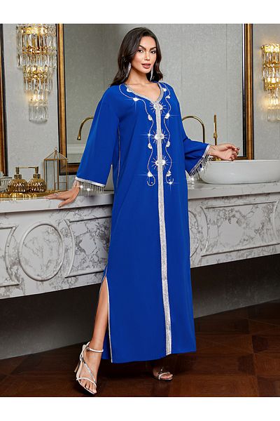 Take Two By Styli Embroidered V-Neck A-Line Jalabiya with Tassels Detail