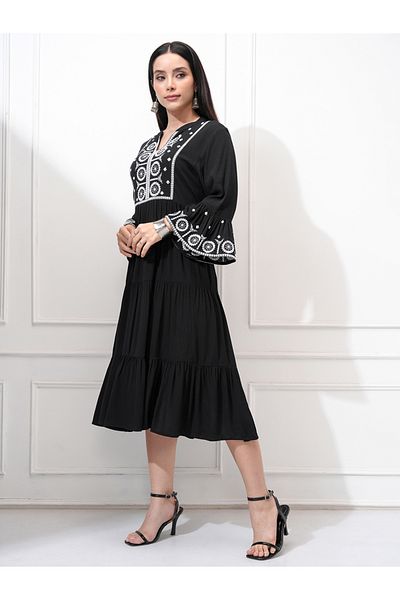Vishudh By Styli Women Embroidered Long Sleeves A-Line Midi Dress
