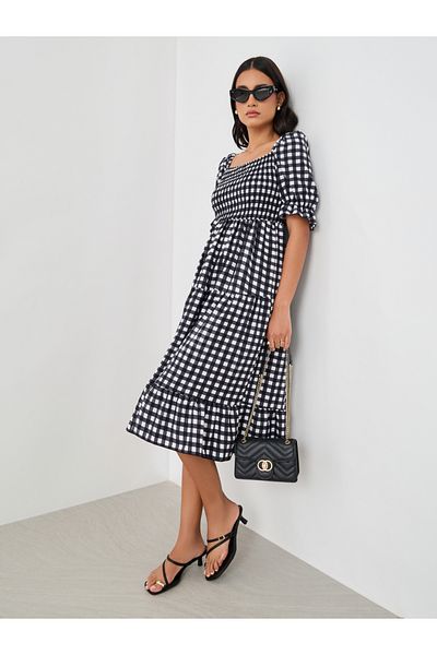 Take Two By Styli Checked Puff Sleeve Knee Length Dress with Smocked Detail