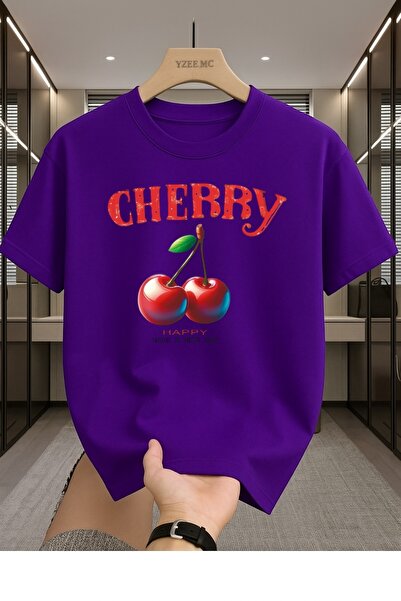 MEİLİFENG Tricou oversize unisex din bumbac, cu imprimeu cireșe, cu gât crewn...