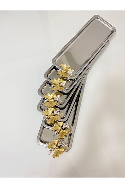 Aslı Hediyelik 6-Piece Luxury Baton Stainless Steel Butterfly Service, Tea, Coffee, Treats and Presentation Tray