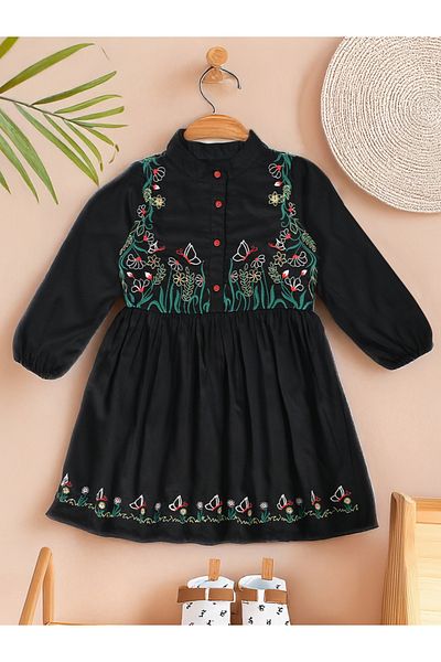 Bella Moda By Styli Floral Embroidered Buttoned Knee-Length Dress