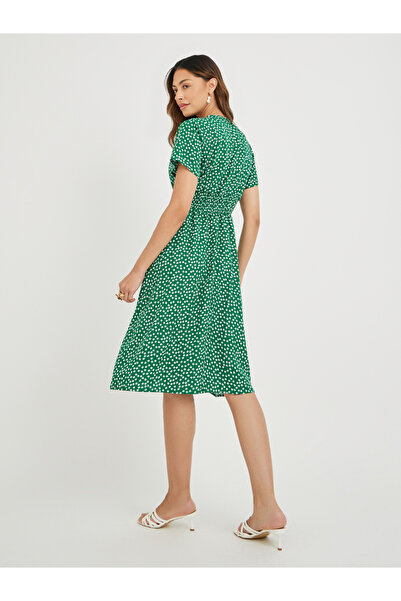 Take Two By Styli Women Green Ditsy Floral Print V Neck A-Line Knee Length Dress