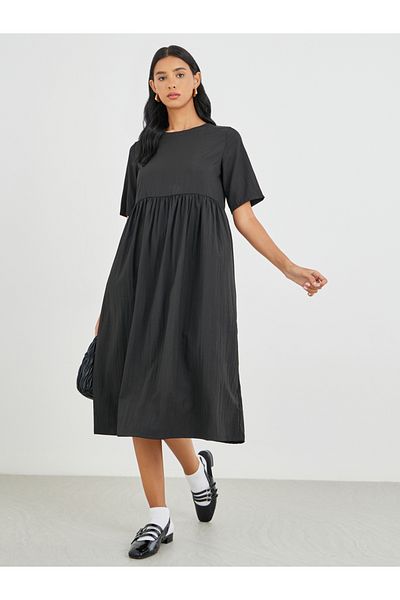 Take Two By Styli Solid Short Sleeve Round Neck A-Line Midi Dress