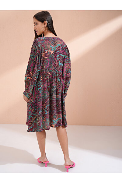 Vishudh By Styli Women Paisley Print Tie-Up Neck A-Line Knee-Length Dress