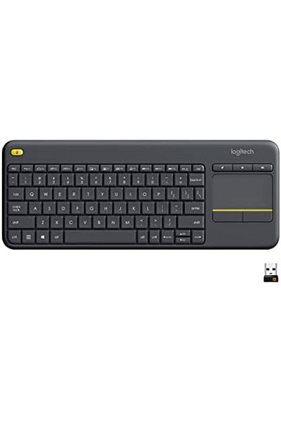 logitech لوحة مفاتيح لاسلكية K400 Plus لغرفة المعيشة مع لوحة لمس لجهاز كمبيوتر مسرح منزلي متصل بالتلفزيون،