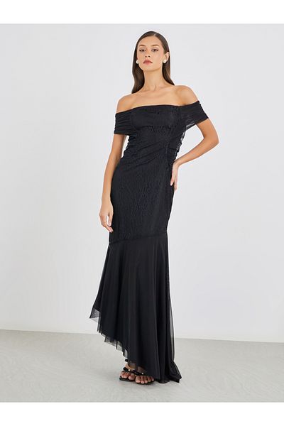 Styli Lace Detail Off Shoulder Asymmetric Hem Maxi Dress