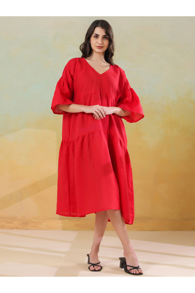 Sanskrutihomes By Styli Women Red Linen Blend V Neck A-Line Midi Dress