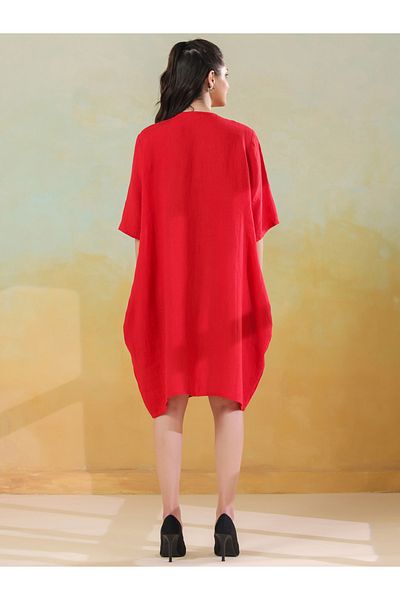 Sanskrutihomes By Styli Women Red Linen Blend Round Neck A-Line Knee-Length Dress