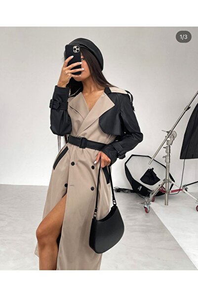 MSN İthal Bonded Kumaş & Deri Kumaş Astarlı Trençkot -Siyah -Nhn132