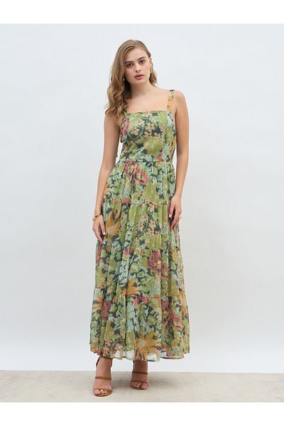Styli All-Over Floral Print Tie Sleeves Tiered Maxi Dress