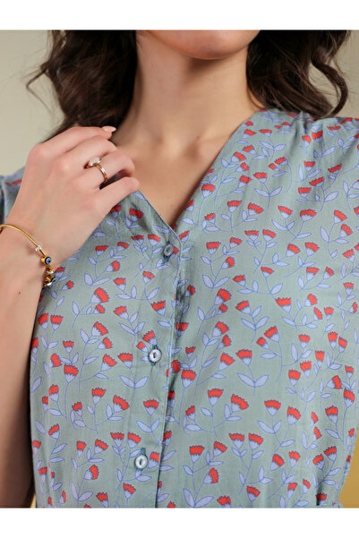 Sanskrutihomes By Styli Women Floral Printed Puff Sleeves A-Line Knee-Length Dress