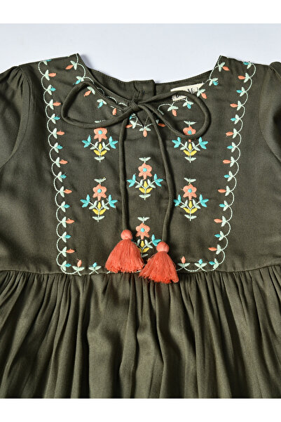 Bella Moda By Styli Embroidered Tie-Up Neck Knee-Length Dress