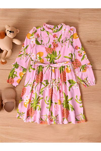 Bella Moda By Styli Pineapple Print Mandarin Collar Cotton Dress with Ruffle Trim