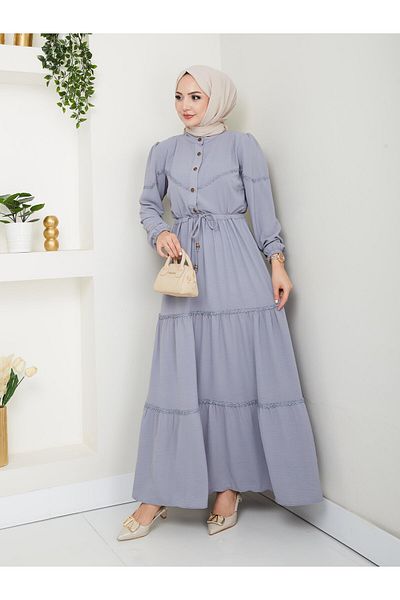 HARMAN BUTİK Women's Lace Detailed Waist Lace-Up Gray Ayrobin Dress