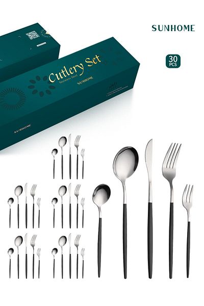 sharpdo SUNHOME 30-Piece Stainless Steel Cutlery Set Black/Silver