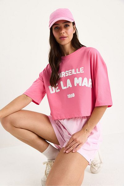 Bianco Lucci Women's Text Printed Crew Neck 100% Cotton Crop T-Shirt 6705 60283450