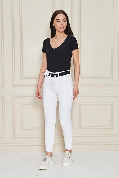 Kutaf High Waist White Jean Trousers – Slim Fi with Belt