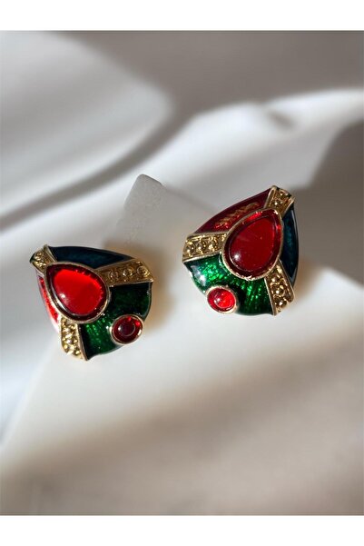 oly aksesuar kırmızı taş detay vintage küpe