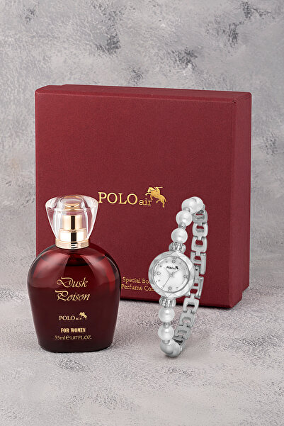 Polo Air Zarif Inci Görünümlü Kadın Kol Saati Parfüm Bordo Hediyelik Kutusund...
