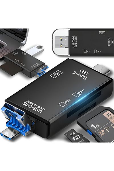 Teno Cititor de Carduri 5 in 1 Teno®, USB 2.0, adaptor 5 in 1 pentru carduri, 3 porturi, USB-C, negru