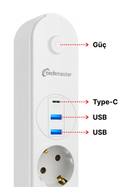 Techmaster 2 Usb+Type-C Akım ve Çocuk Korumalı 4lü Priz 2mt Beyaz