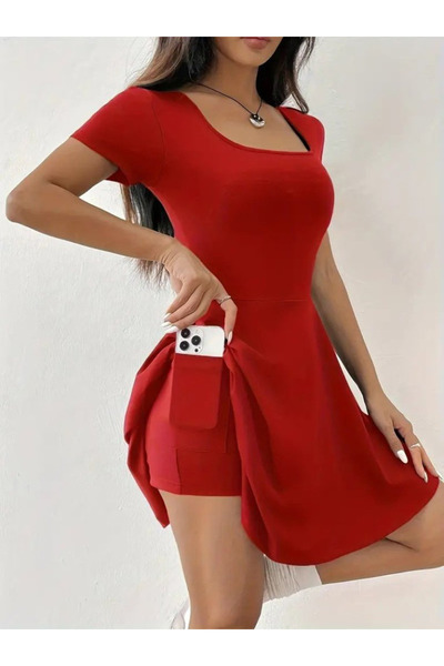 JANES Women's Short Sleeve Square Neck Short Detailed Pocket Diving Dress