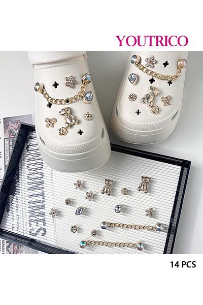 Youtrico 14pcs Crystal Bear Jibbitz Charms for Crocs - DIY Slipper Ornament with Chain