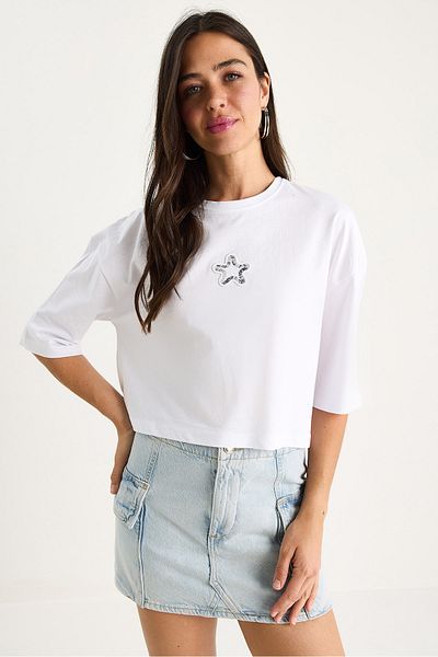 Bianco Lucci Γυναικείο Star Embroidered Crew Neck 100% Cotton Crop T-Shirt 6703 60283449