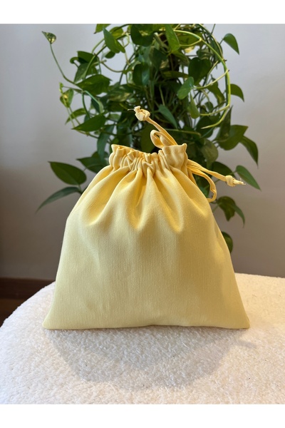 MEKİK BUTİK Soft sarı Keten Mini Bez Kese - Büzgülü Çanta İçi Düzenleyici - M...